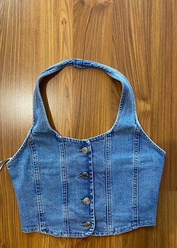 Düğmeli Mavi Denim Kadın Crop Top