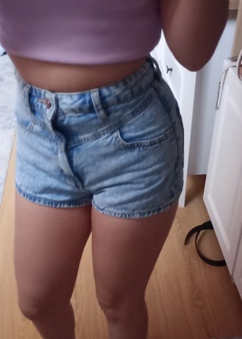 Düğmeli Mavi Mini Denim Şort - Görsel 5