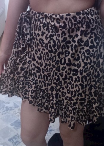 Kahverengi Leopar Desenli Mini Etek