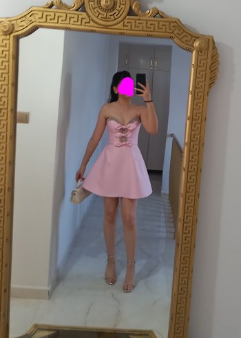 Pembe Straplez Mini Kokteyl Elbisesi - Görsel 2