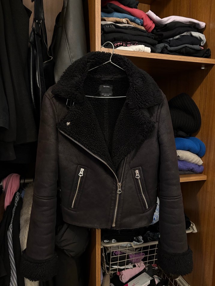 Siyah Kürklü Deri Biker Ceket - Görsel 2