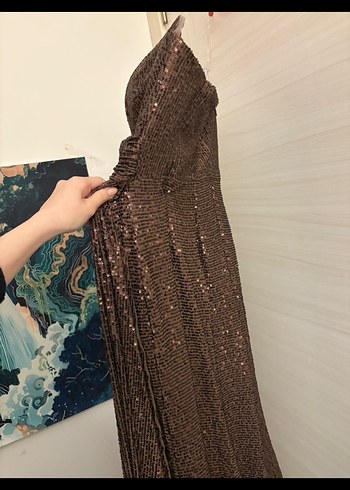 Kahverengi Drapeli Straplez Uzun Abiye Elbise - Görsel 2