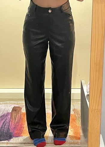 Düğmeli Siyah Deri Kadın Pantolon - Görsel 7