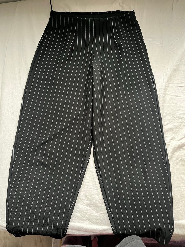 Havuç paça Çizgili Gri Kadın Kumaş Pantolon - Görsel 3