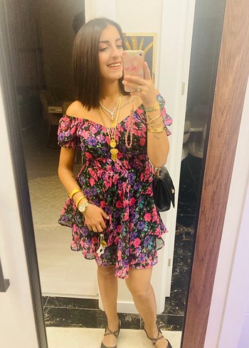 Çiçek Desenli Mini Straplez Elbise