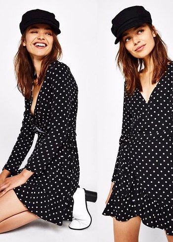 Bershka Siyah Puantiyeli Elbise
