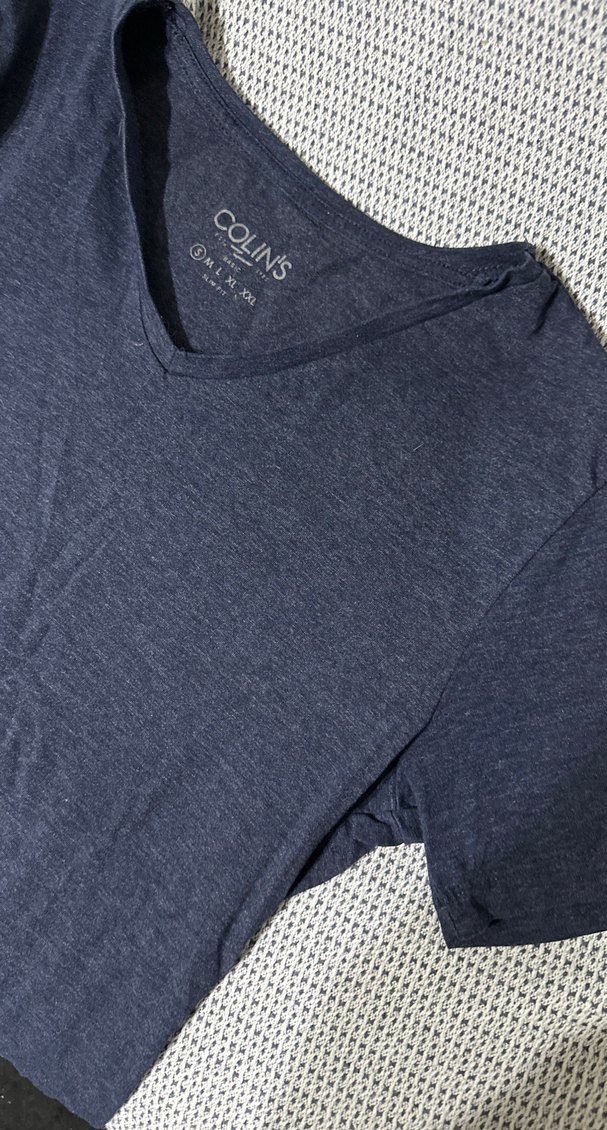 Lacivert V Yaka Keten Erkek Tişört - Görsel 3