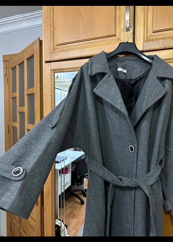 Gri Kuşaklı Oversize Kaban - Görsel 2