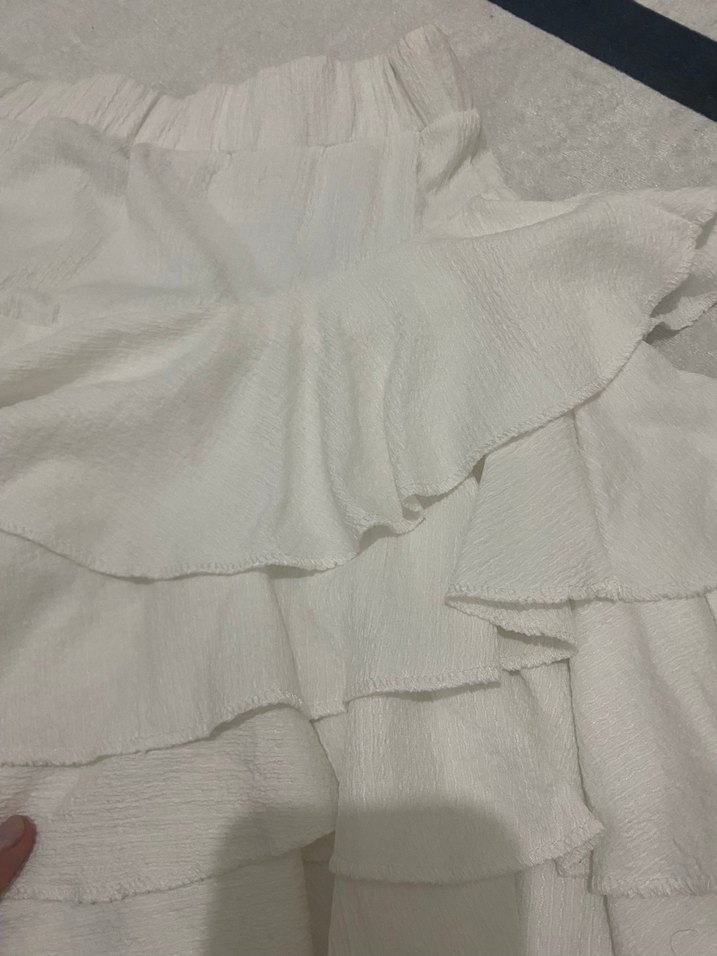 Beyaz Keten Volanlı Mini Etek - Görsel 2