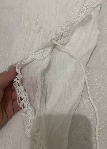 Dantel Detaylı Beyaz Uzun Keten Elbise - Görsel 3