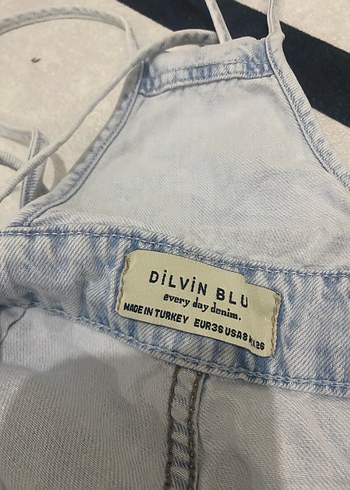 Kadın Gri Denim Askılı Uzun Tulum - Görsel 3