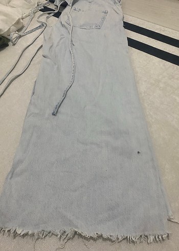 Kadın Gri Denim Askılı Uzun Tulum - Görsel 4