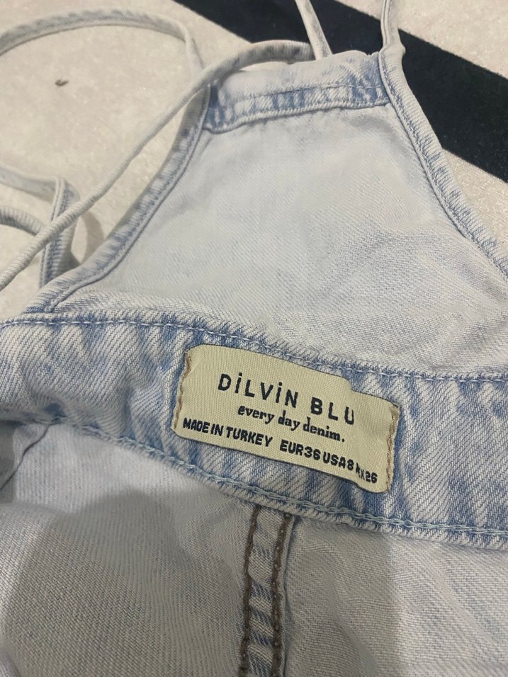 Kadın Gri Denim Askılı Uzun Tulum - Görsel 3