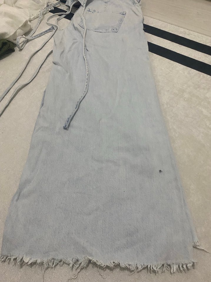 Kadın Gri Denim Askılı Uzun Tulum - Görsel 4