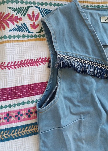 38 Beden Kadın Mavi Uzun Kolsuz Denim Ceket