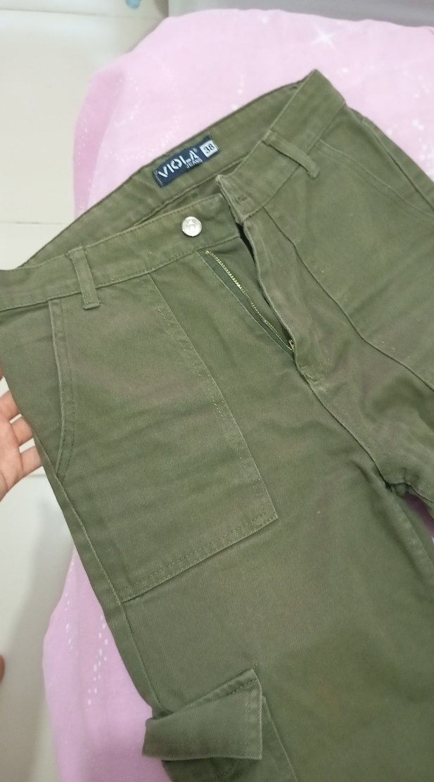 Düğmeli Yeşil Kadın Midi Boy Bol Kot Pantolon - Görsel 4