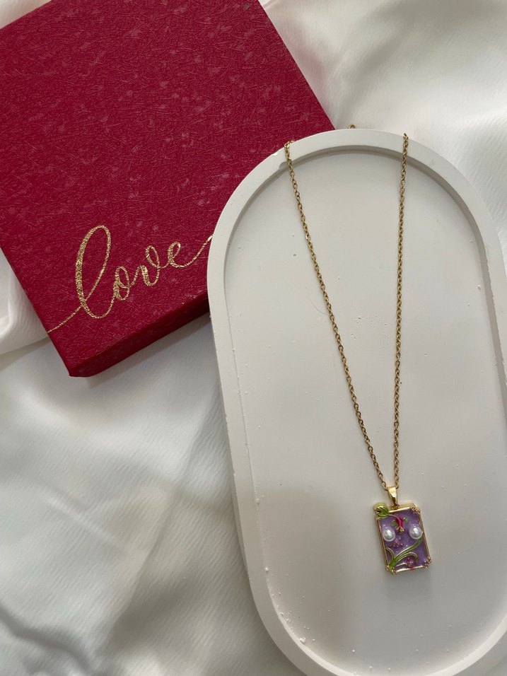 Mor Renkli Zincir Detaylı Bohem Kolye - Görsel 2