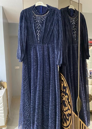 48 Beden Uzun Kollu Lacivert Pilili Vintage Elbise