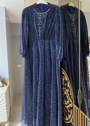 Abiye Uzun Kollu Lacivert Pilili Vintage Elbise