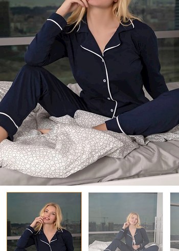 s Beden Uzun Kollu Lacivert Kadın Pijama Takımı