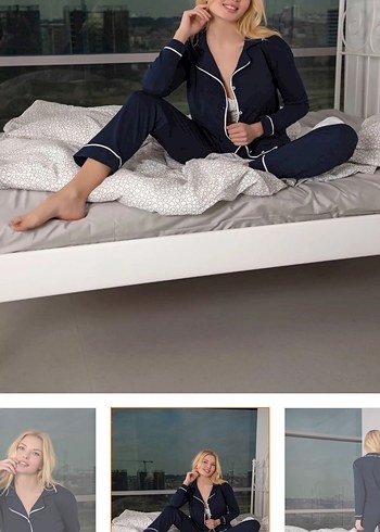 s Beden mavi Renk Uzun Kollu Lacivert Kadın Pijama Takımı