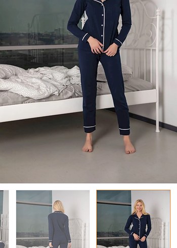 Uzun Kollu Lacivert Kadın Pijama Takımı
