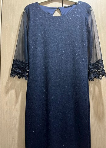 Parlak Nakışlı Lacivert Uzun Abiye Elbise - Görsel 2