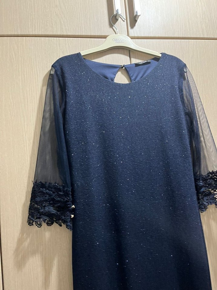 Parlak Nakışlı Lacivert Uzun Abiye Elbise - Görsel 3