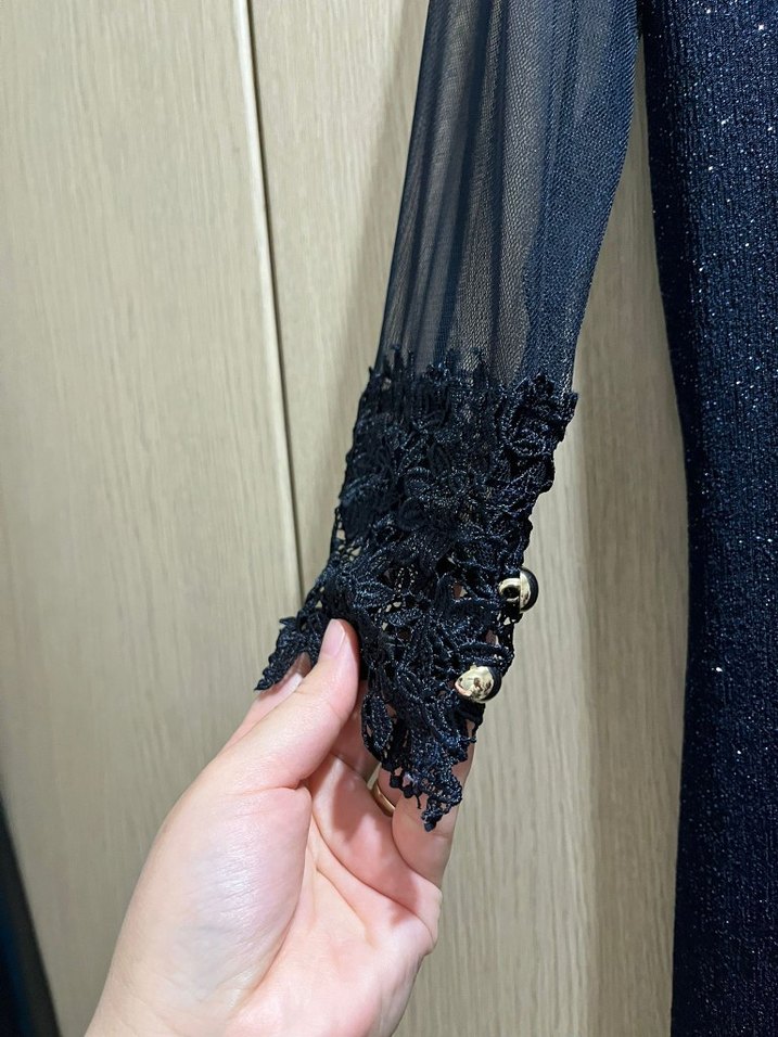 Parlak Nakışlı Lacivert Uzun Abiye Elbise - Görsel 4