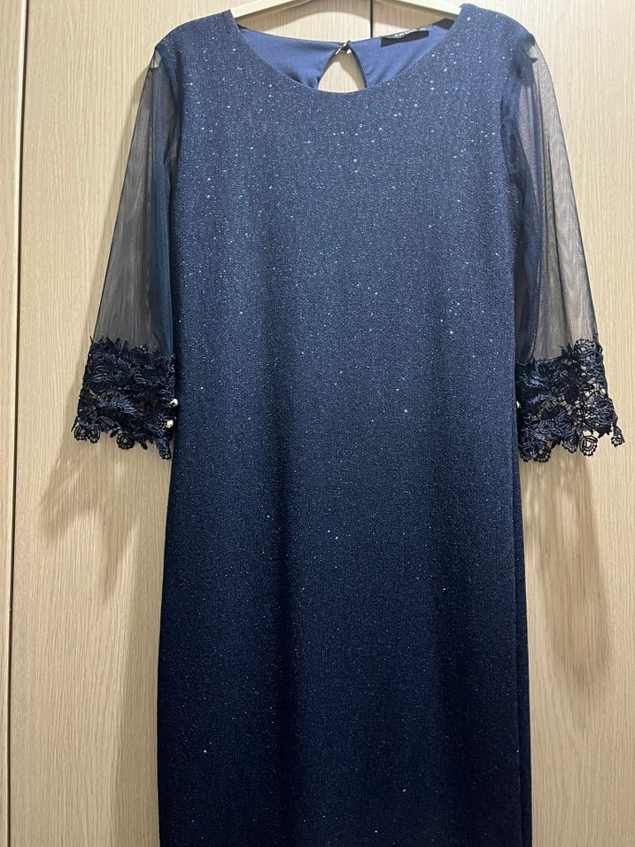 Parlak Nakışlı Lacivert Uzun Abiye Elbise - Görsel 2