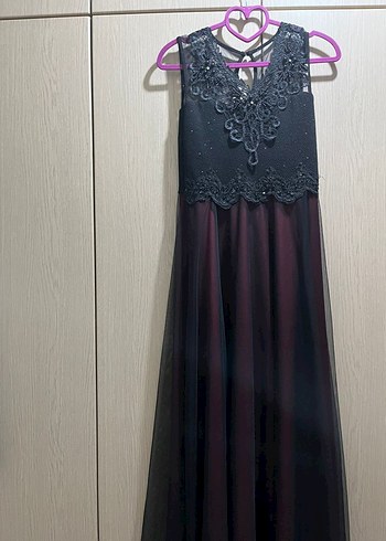 Mor İşlemeli Dantel Detaylı Uzun Abiye Elbise - Görsel 3