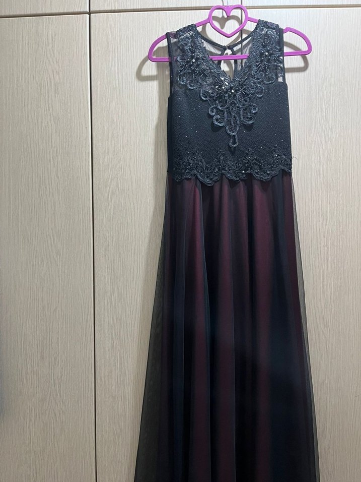 Mor İşlemeli Dantel Detaylı Uzun Abiye Elbise - Görsel 3