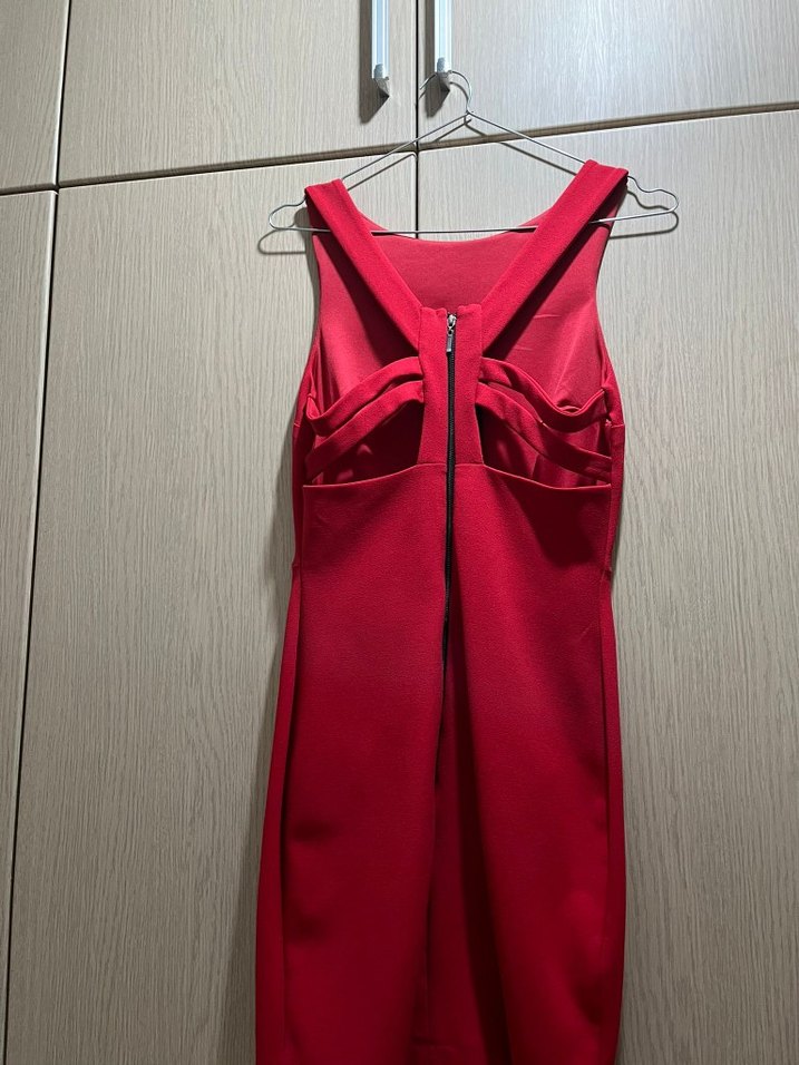 Kolsuz Kırmızı Midi Elbise V Yakalı - Görsel 3