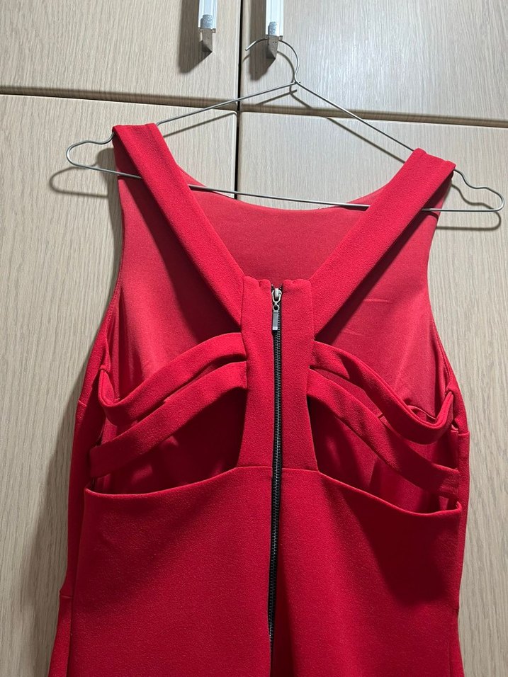 Kolsuz Kırmızı Midi Elbise V Yakalı - Görsel 2