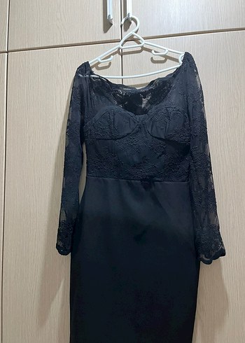 Dantel Detaylı Siyah Uzun Kollu Kadın Elbise - Görsel 2