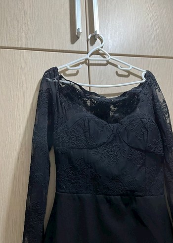 Dantel Detaylı Siyah Uzun Kollu Kadın Elbise - Görsel 3