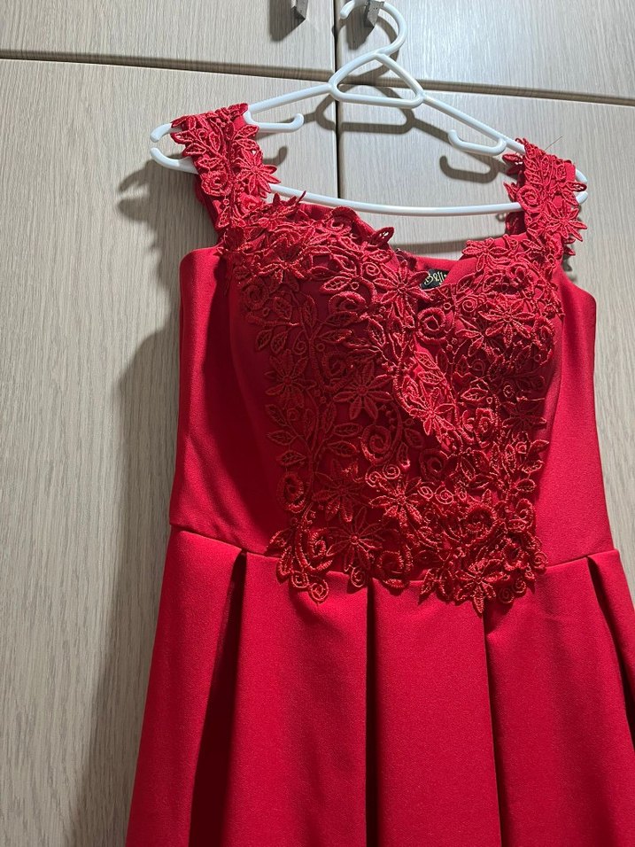 Kırmızı Dantel Detaylı Uzun Abiye Elbise - Görsel 2