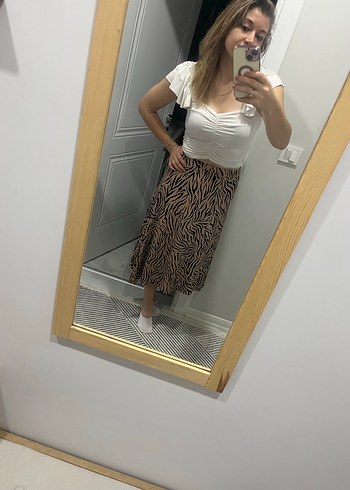 Kahverengi Zebra Desenli Uzun Drapeli Etek - Görsel 3