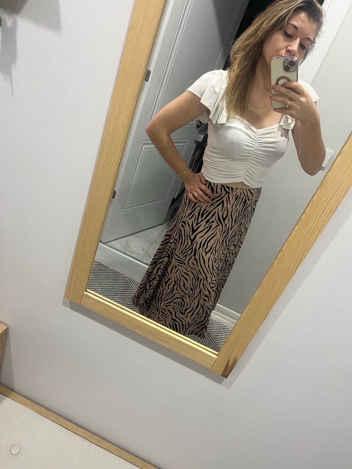 Kahverengi Zebra Desenli Uzun Drapeli Etek - Görsel 2