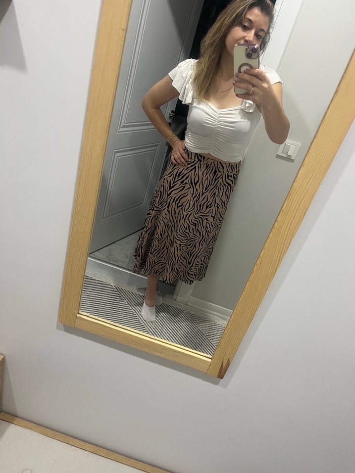 Kahverengi Zebra Desenli Uzun Drapeli Etek - Görsel 3