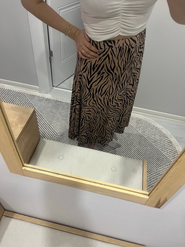 Kahverengi Zebra Desenli Uzun Drapeli Etek - Görsel 4