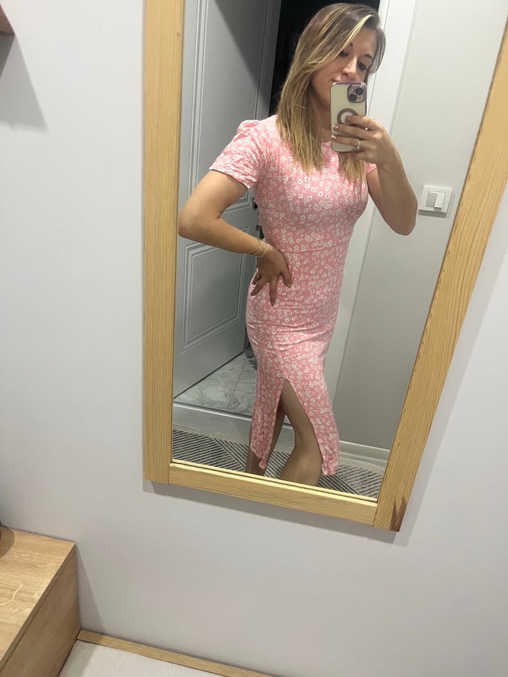 Pembe V Yaka Midi Elbise - Görsel 3