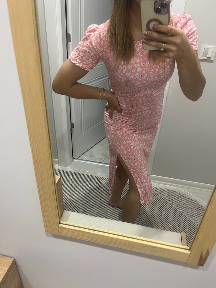 Pembe V Yaka Midi Elbise - Görsel 2