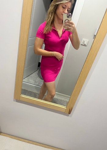 Pembe V Yaka Düğmeli Mini Elbise - Görsel 2