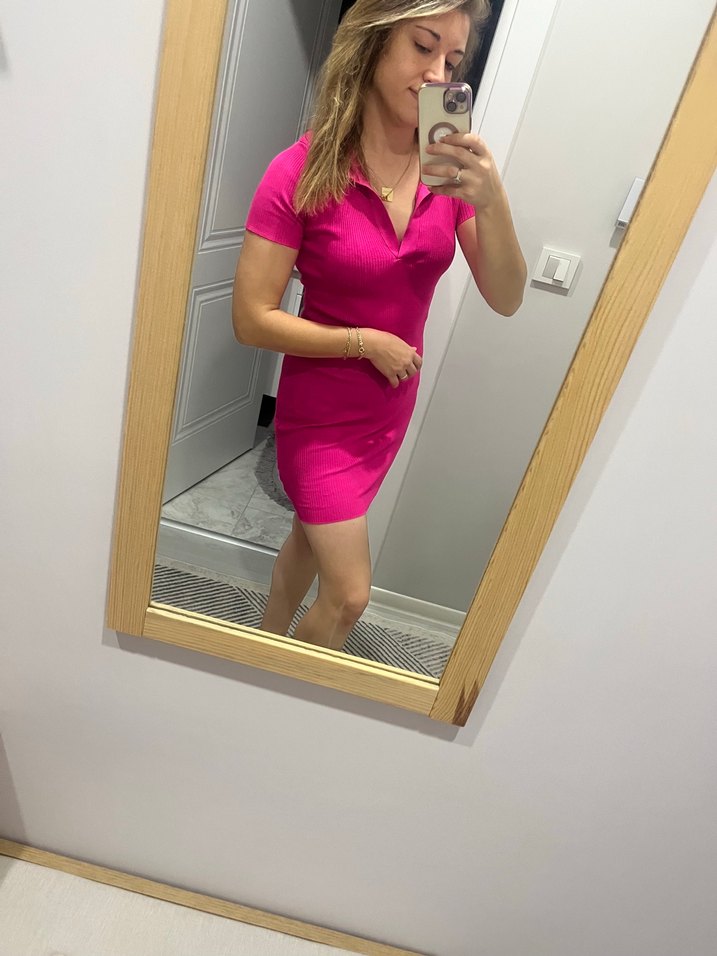 Pembe V Yaka Düğmeli Mini Elbise - Görsel 2