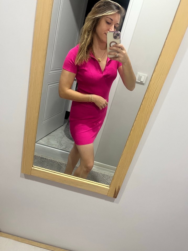 Pembe V Yaka Düğmeli Mini Elbise - Görsel 3