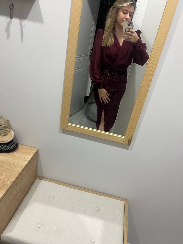 Bordo V Yaka Uzun Kollu Midi Elbise - Görsel 4