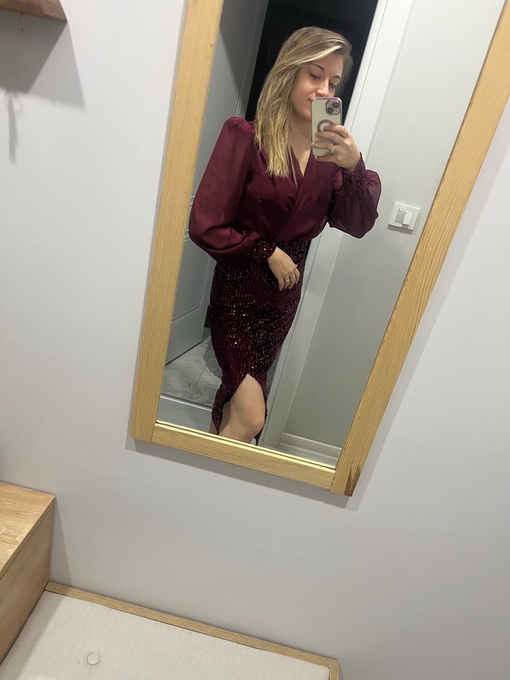 Bordo V Yaka Uzun Kollu Midi Elbise - Görsel 3