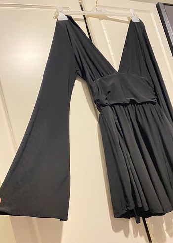 Diğer Siyah V Yaka Drapeli Mini Goth Elbise