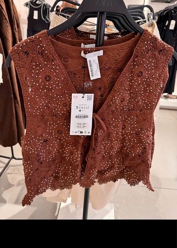 m Beden Dantel Detaylı Kahverengi Bohem Mini Bluz